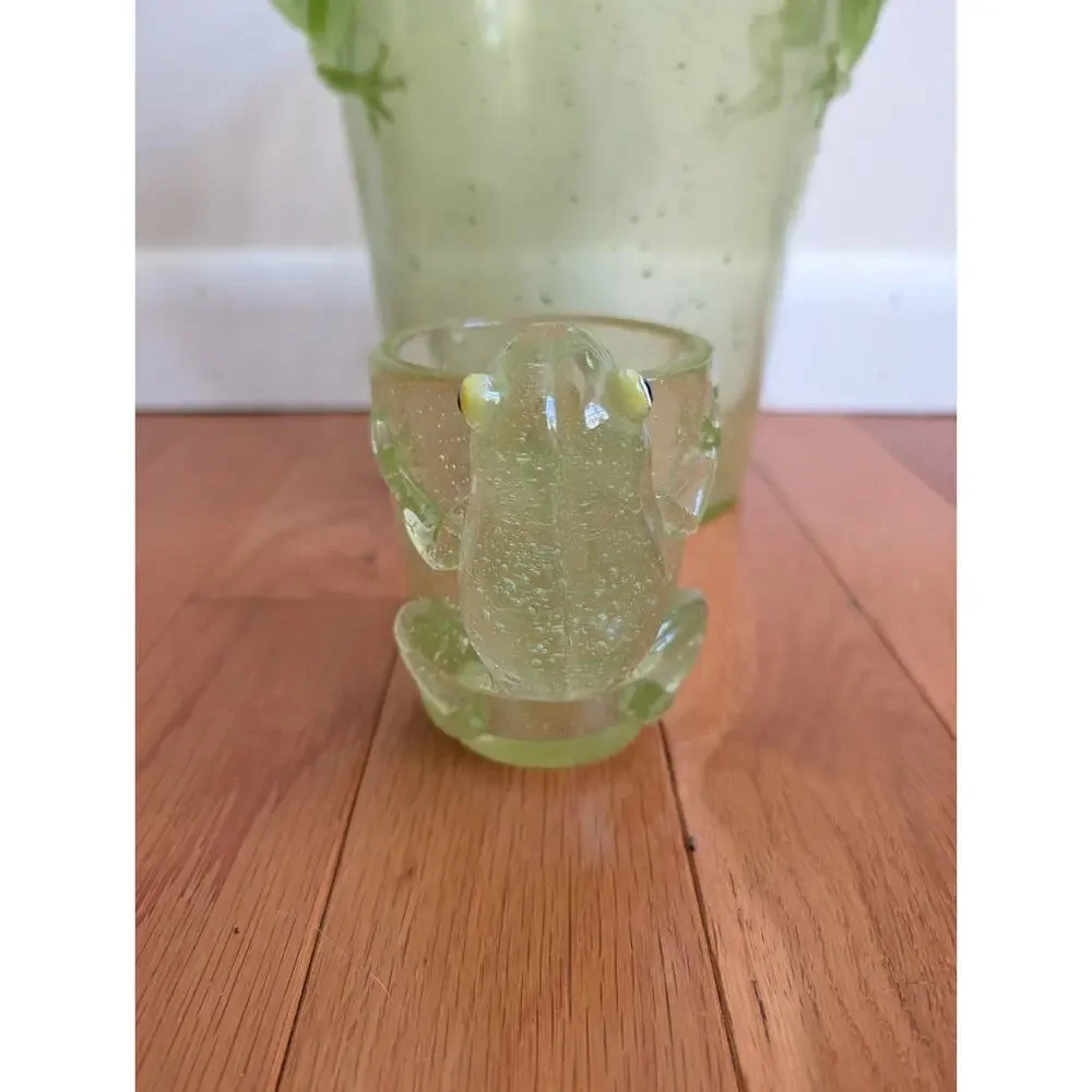 Vintage Y2K Poly-Resin Bubble Acrylic Green Frog Wastebasket Trash Bin 10” & Cup